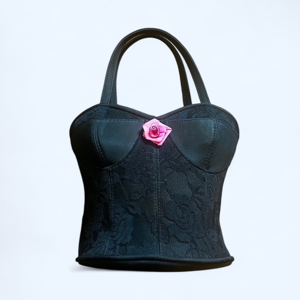 Chic Black and Pink Shoulder Bag with Corset Design